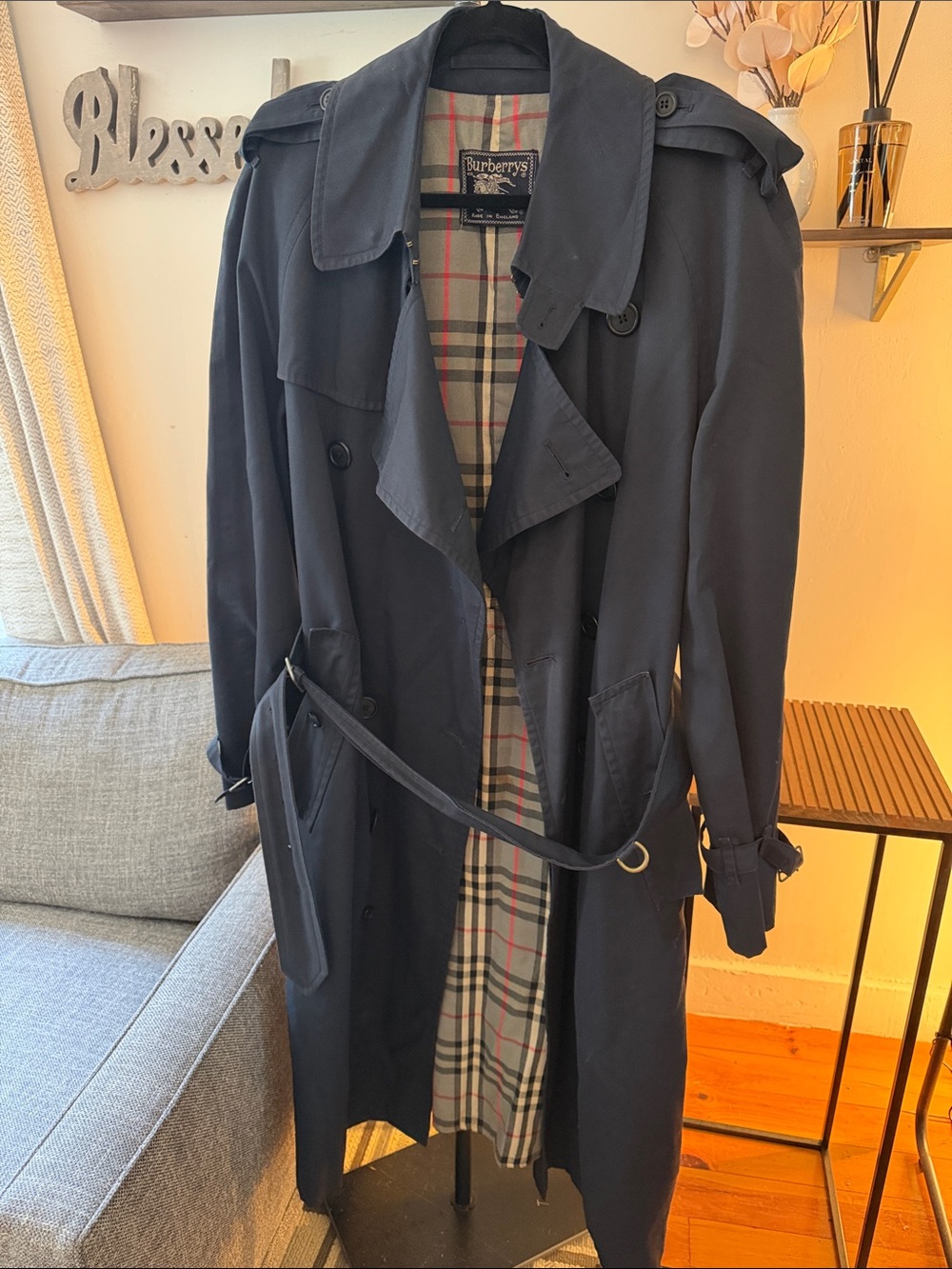 Vintage Burberry Navy Double-Breasted Trench Coat with Signature Check Lining